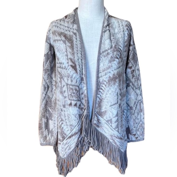 Lucky Brand XS Fringe Southwestern Long Cardigan Neutral Minimalist Boho Casual - Picture 2 of 9